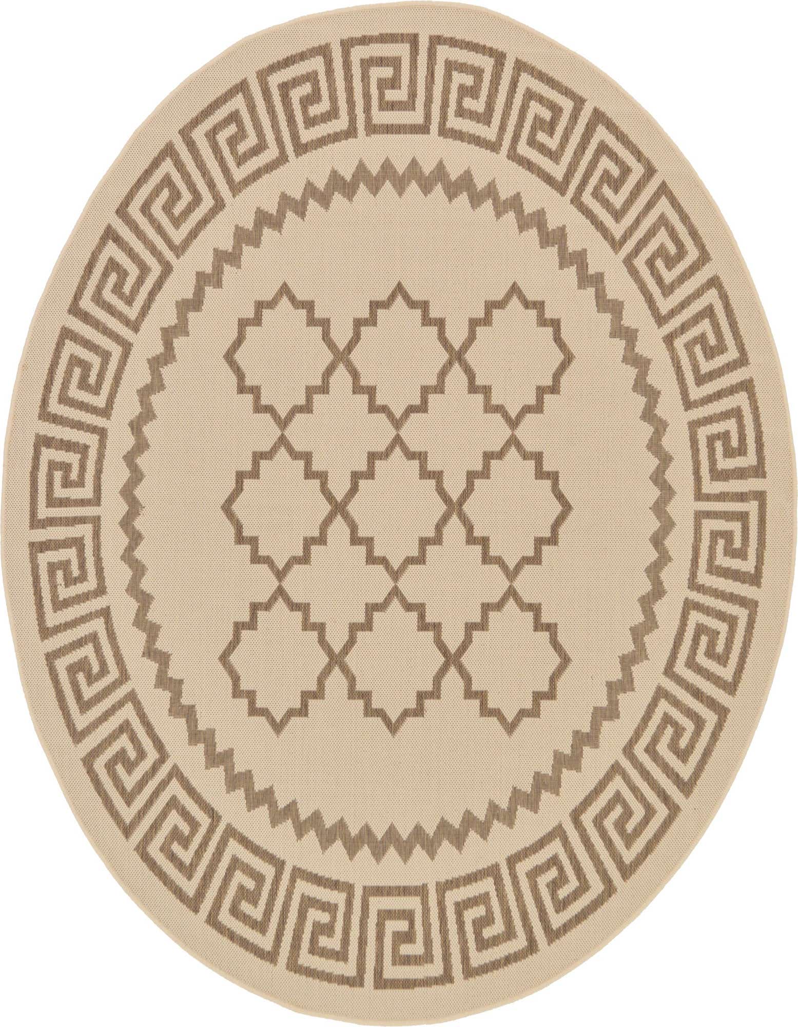 A 6' round indoor/outdoor rug with a cream background and brown tribal patterns, including a Greek key border and trellis center.