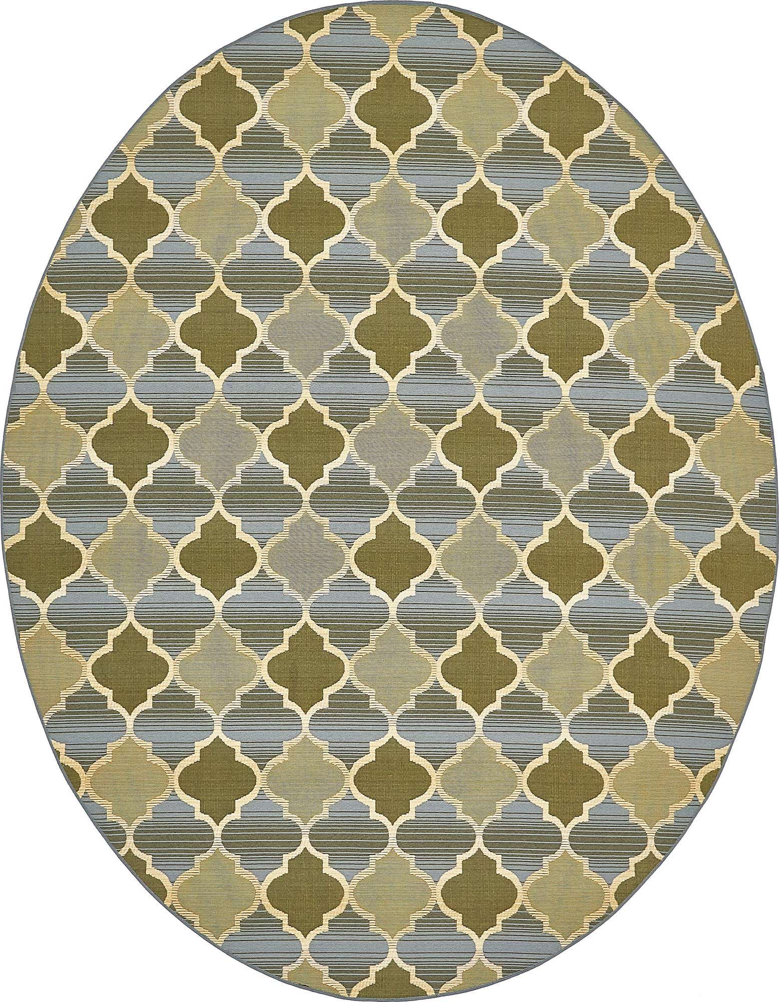 A round 8' brown and ivory trellis pattern rug with a textured flatweave, suitable for indoor or outdoor use.