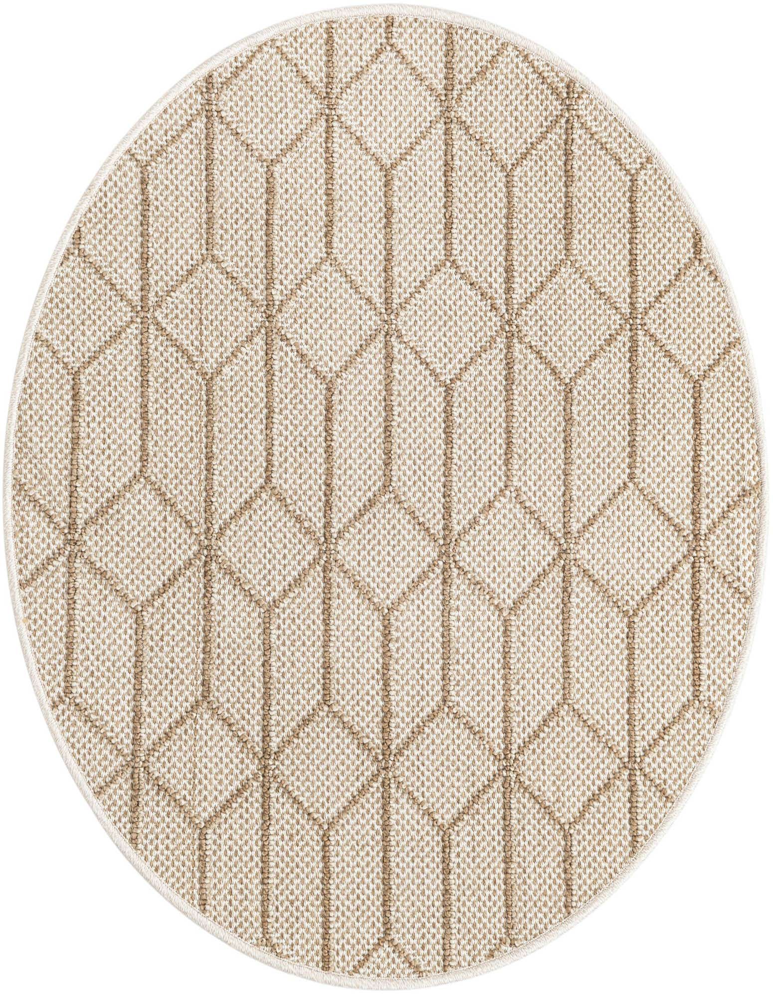 A 3' 1 round indoor/outdoor rug featuring a modern trellis pattern in brown and ivory tones.