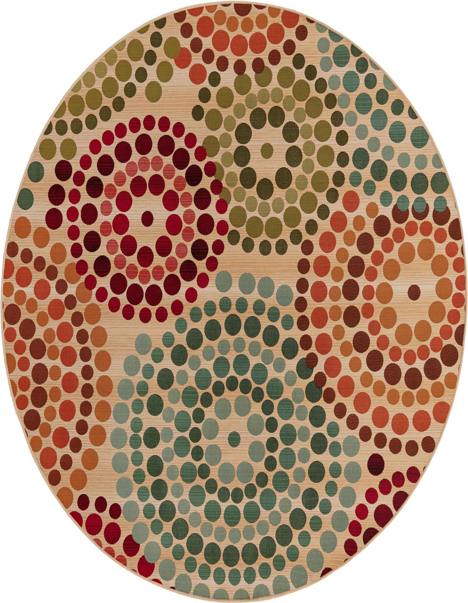 A round 8' brown and ivory rug with a modern abstract pattern of multi-colored dots, suitable for a patio.