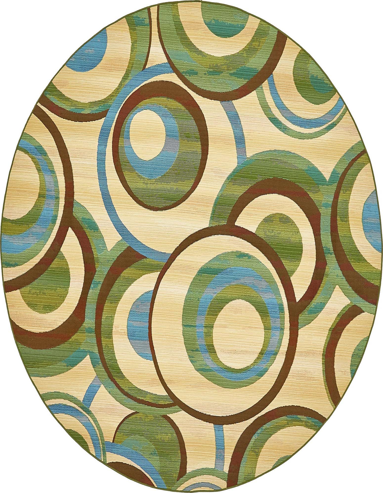 A round 8' 0 x 8' 0 indoor/outdoor rug with a modern abstract pattern of concentric circles in shades of brown, tan, ivory, blue, and green.
