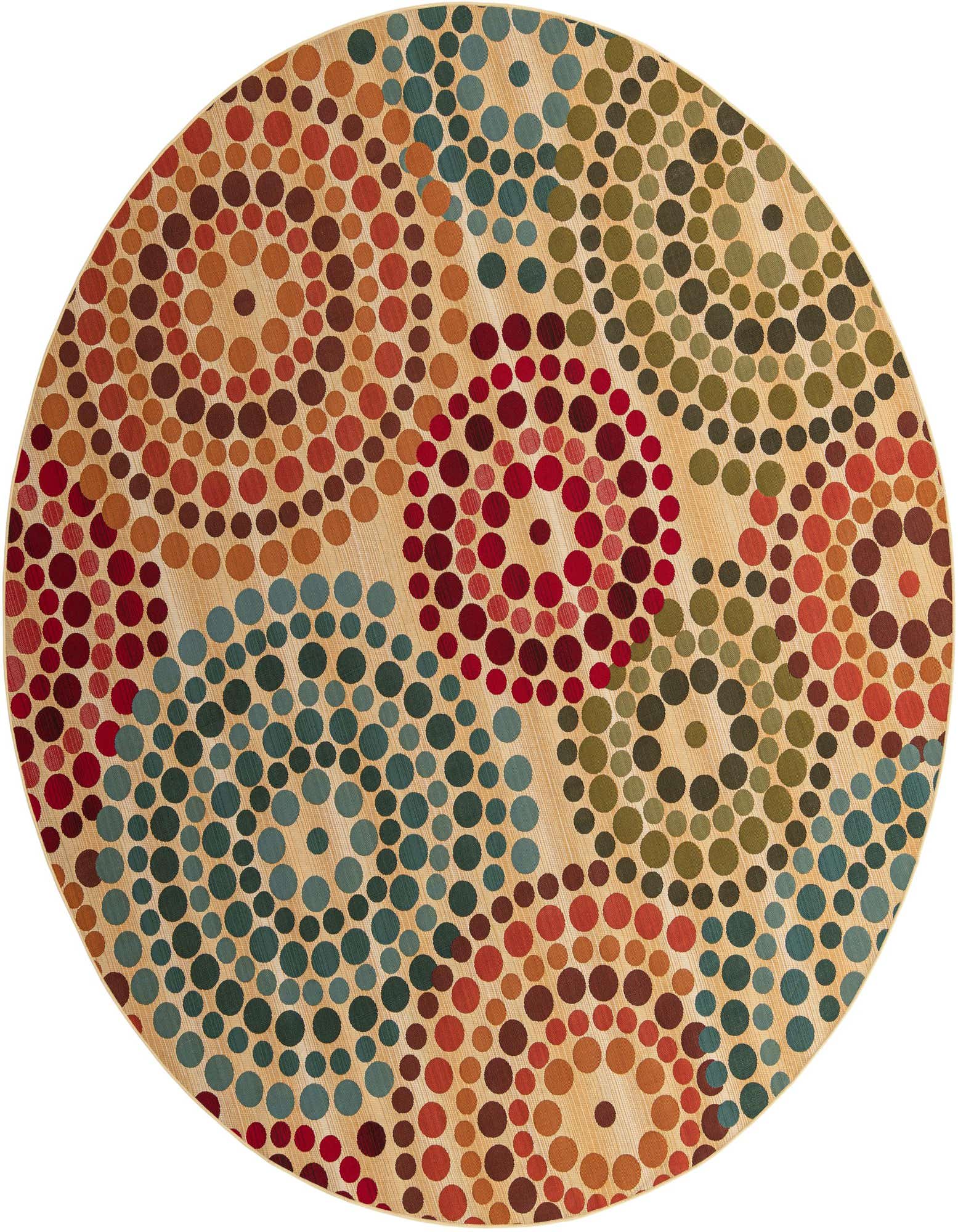 A 10' round indoor/outdoor rug with a modern abstract pattern of multi-colored dots on a tan background, ideal for a patio.
