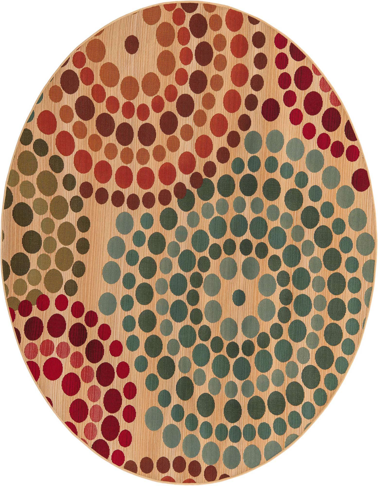 Round indoor/outdoor rug with a modern abstract pattern of various sized dots in shades of brown, tan, cream, teal, and red on a light background.