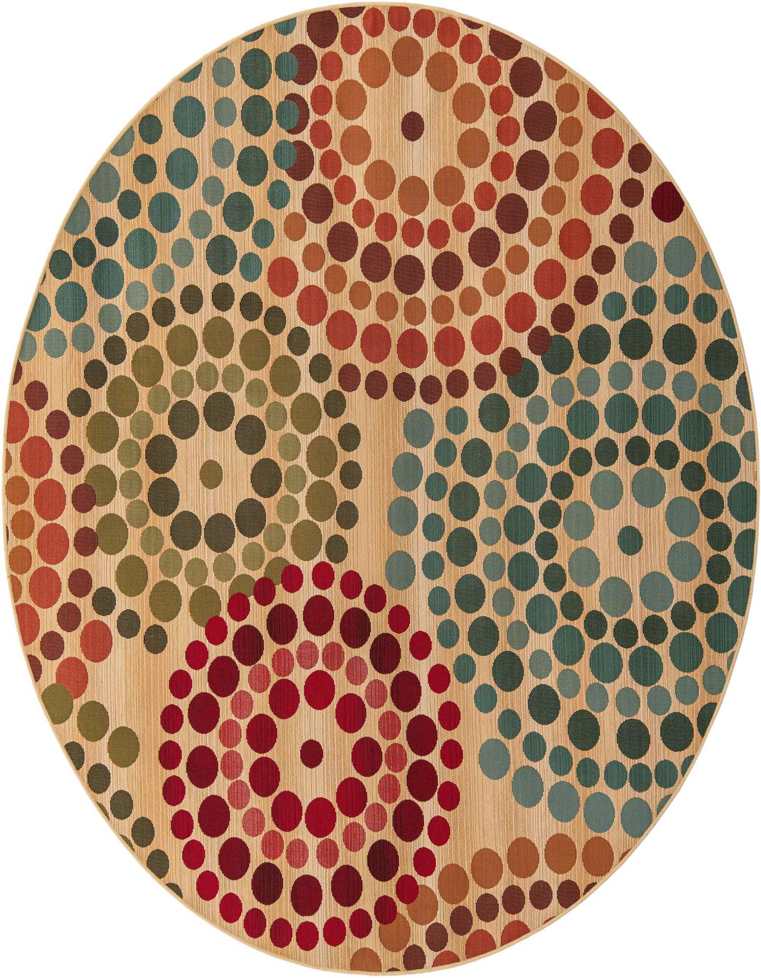 A 7' round outdoor rug with a modern abstract pattern of teal, red, and brown circles on a light tan background.