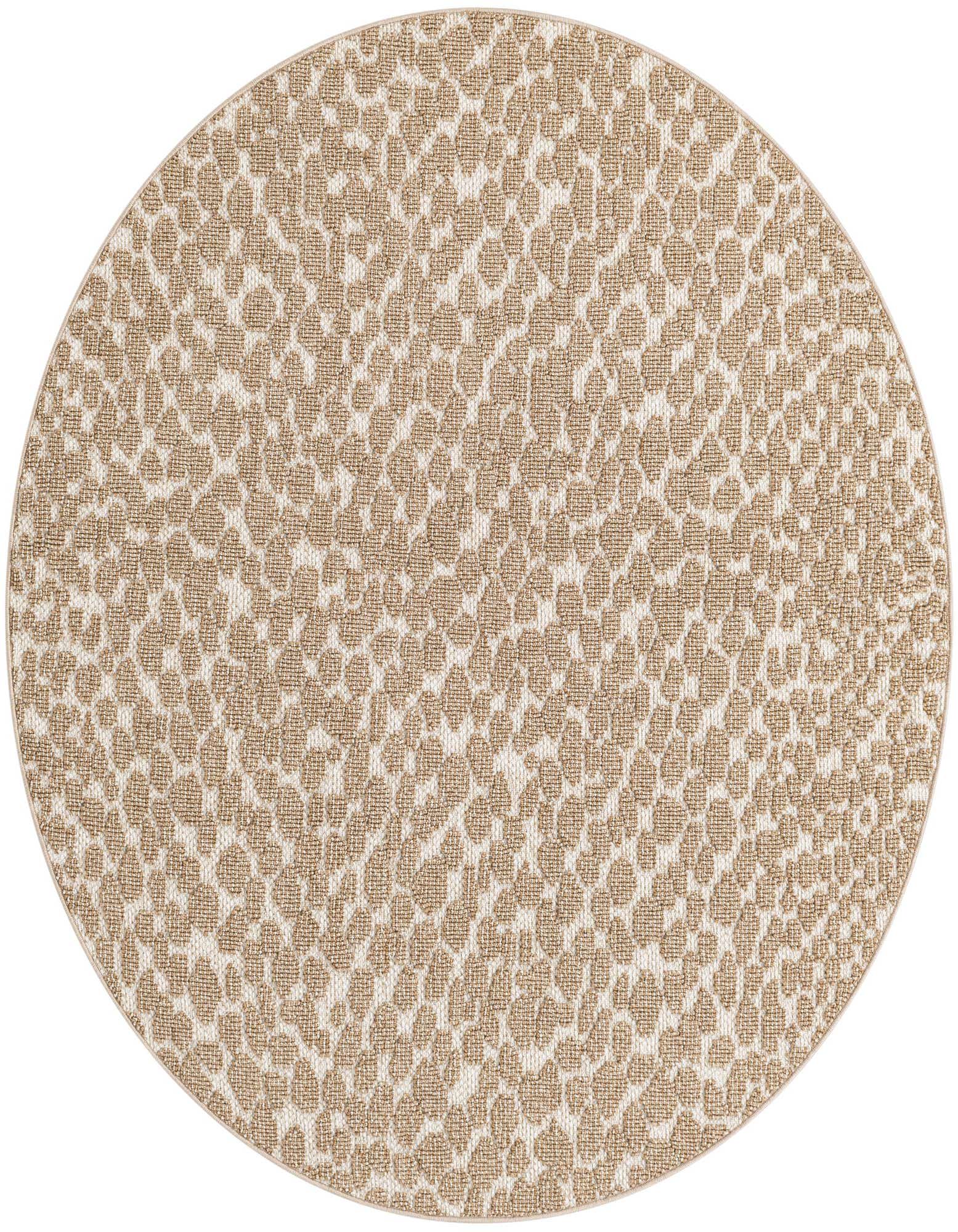 A 5'3" round Rugs.com Outdoor Safari rug featuring an abstract brown and ivory pattern, suitable for indoor or outdoor use.