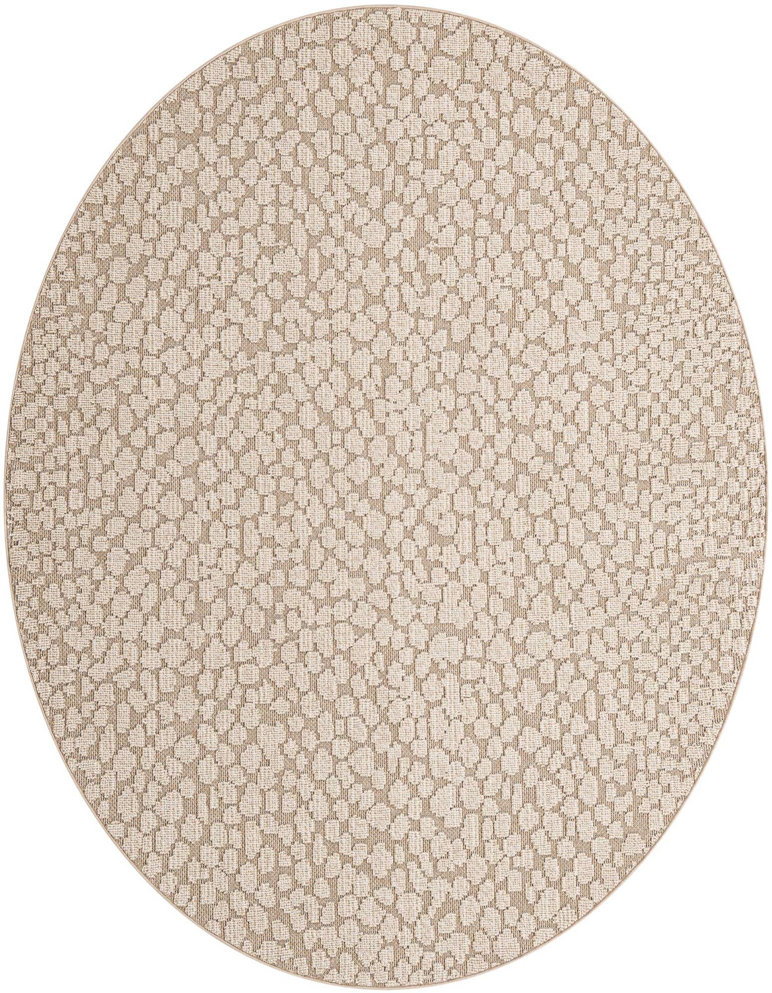 A 7' 10 round indoor/outdoor rug with an abstract modern pattern in varying shades of brown and tan.