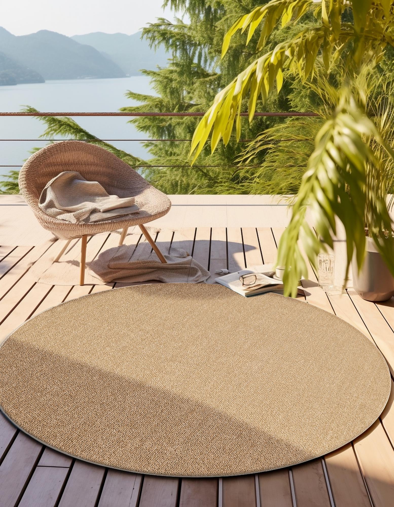 Beige 5' 3 x 5' 3 Solid Outdoor Round Rug | Rugs.com