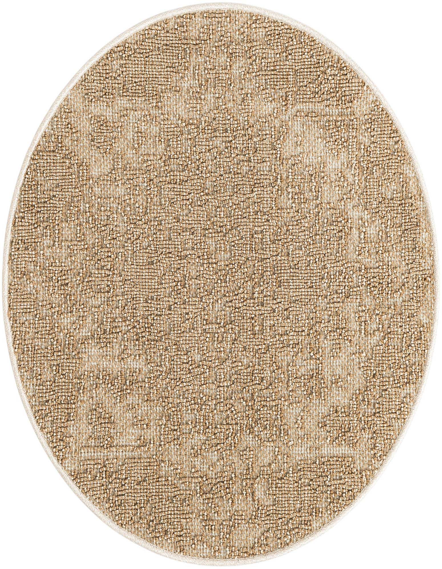 A 3' 1 x 3' 1 round brown and ivory indoor/outdoor rug with a subtle traditional medallion pattern.