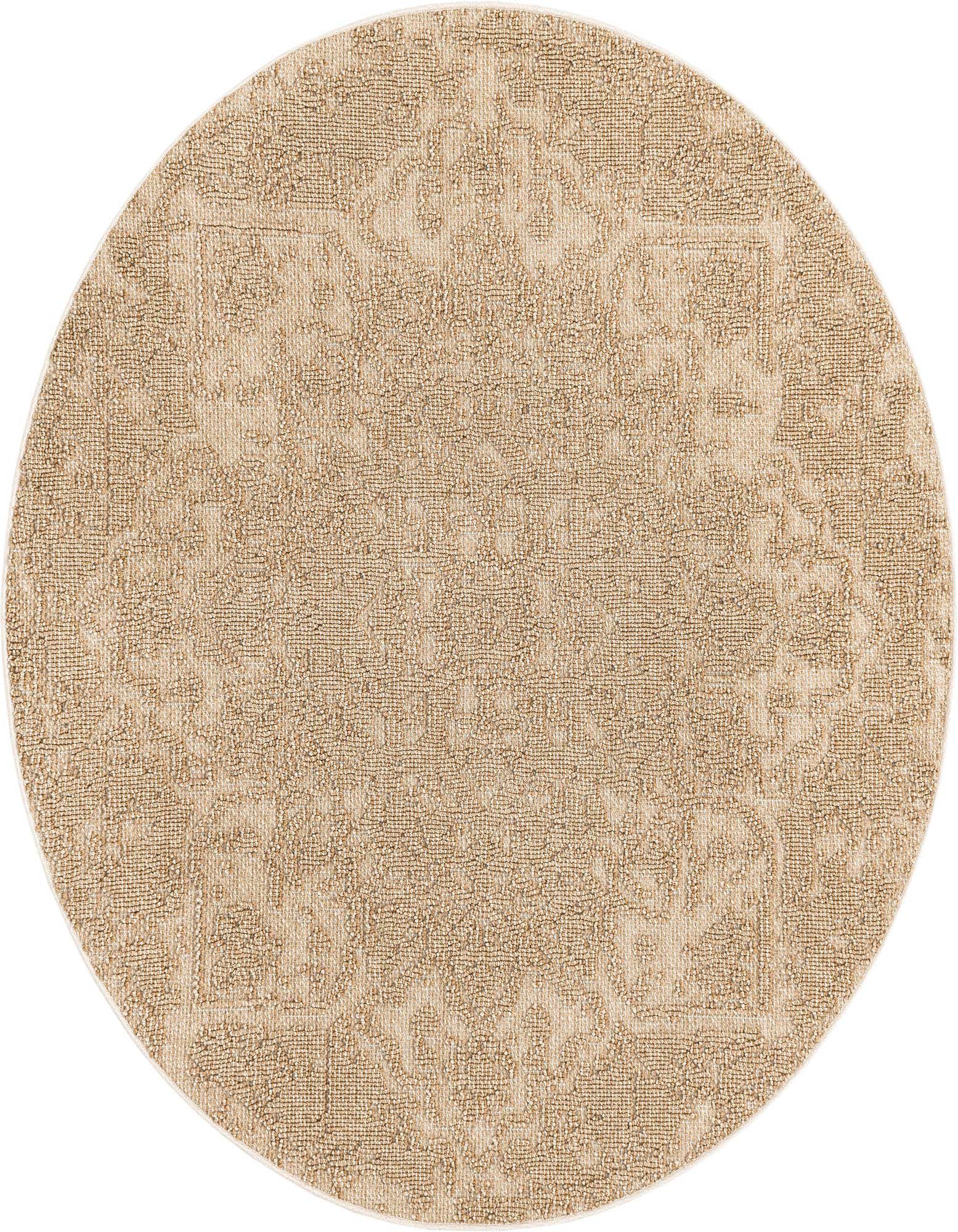 A round 5' 3" brown and ivory traditional medallion rug, suitable for indoor or outdoor use on a patio.