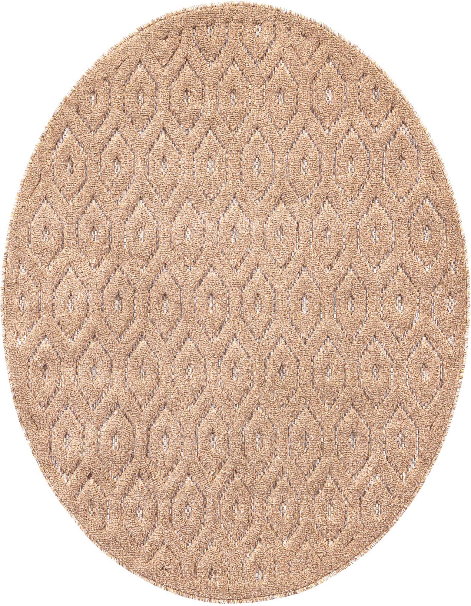 A round 4' 0 x 4' 0 brown and ivory polypropylene rug with a modern textured geometric pattern, suitable for indoor/outdoor use.