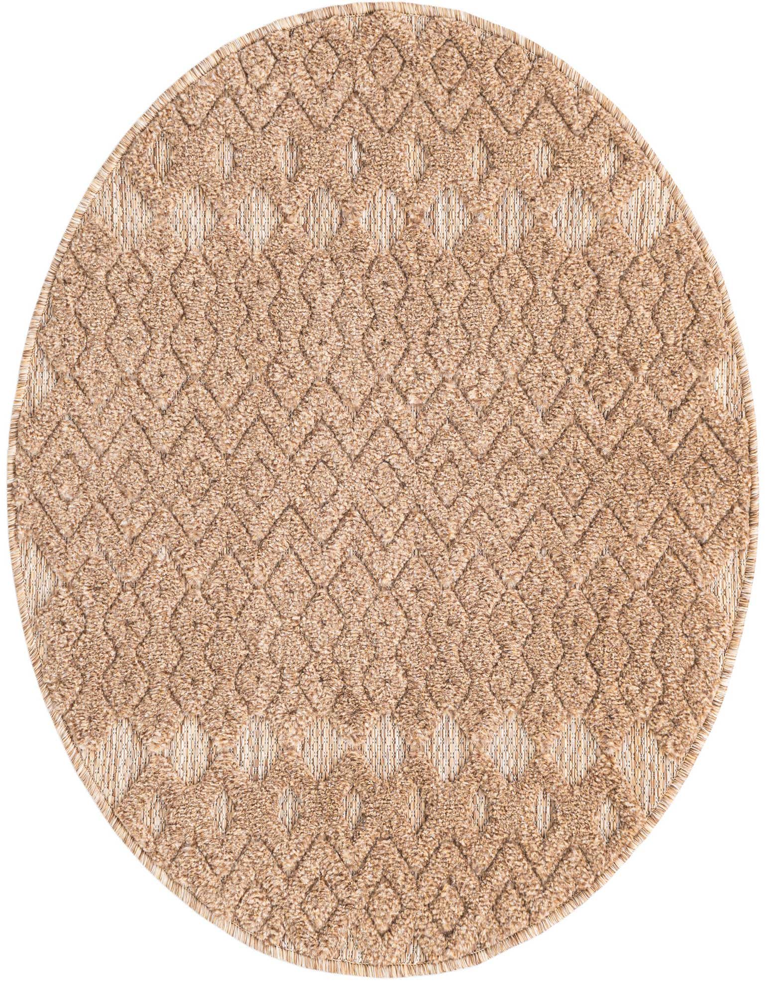 A 3' round brown and ivory outdoor rug featuring a textured tribal trellis pattern, suitable for a patio.