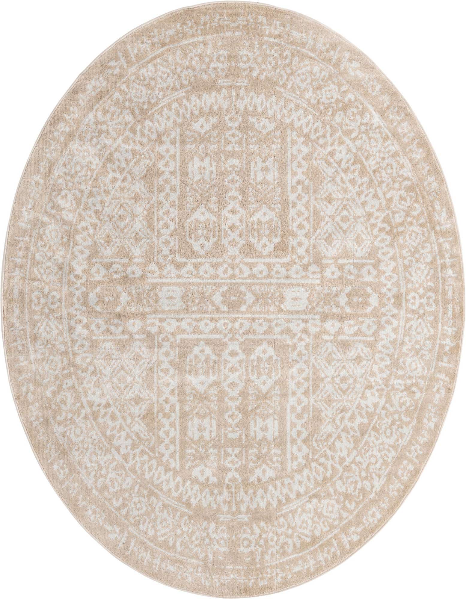 A 7' round Bohemian rug with a distressed tribal pattern in shades of tan and cream.