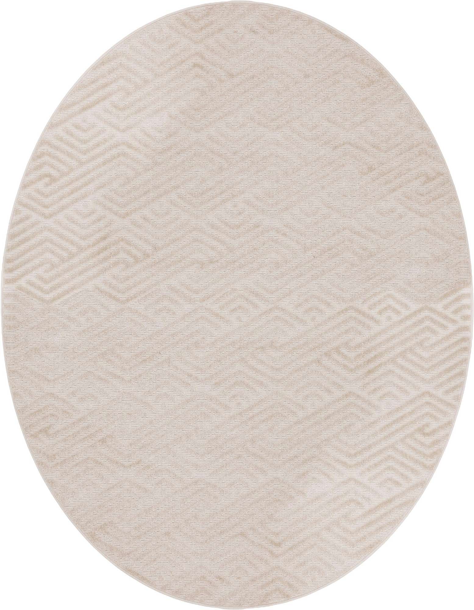 A round, 8' 0 x 8' 0 cream and tan indoor/outdoor rug with a subtle high/low tribal geometric pattern.