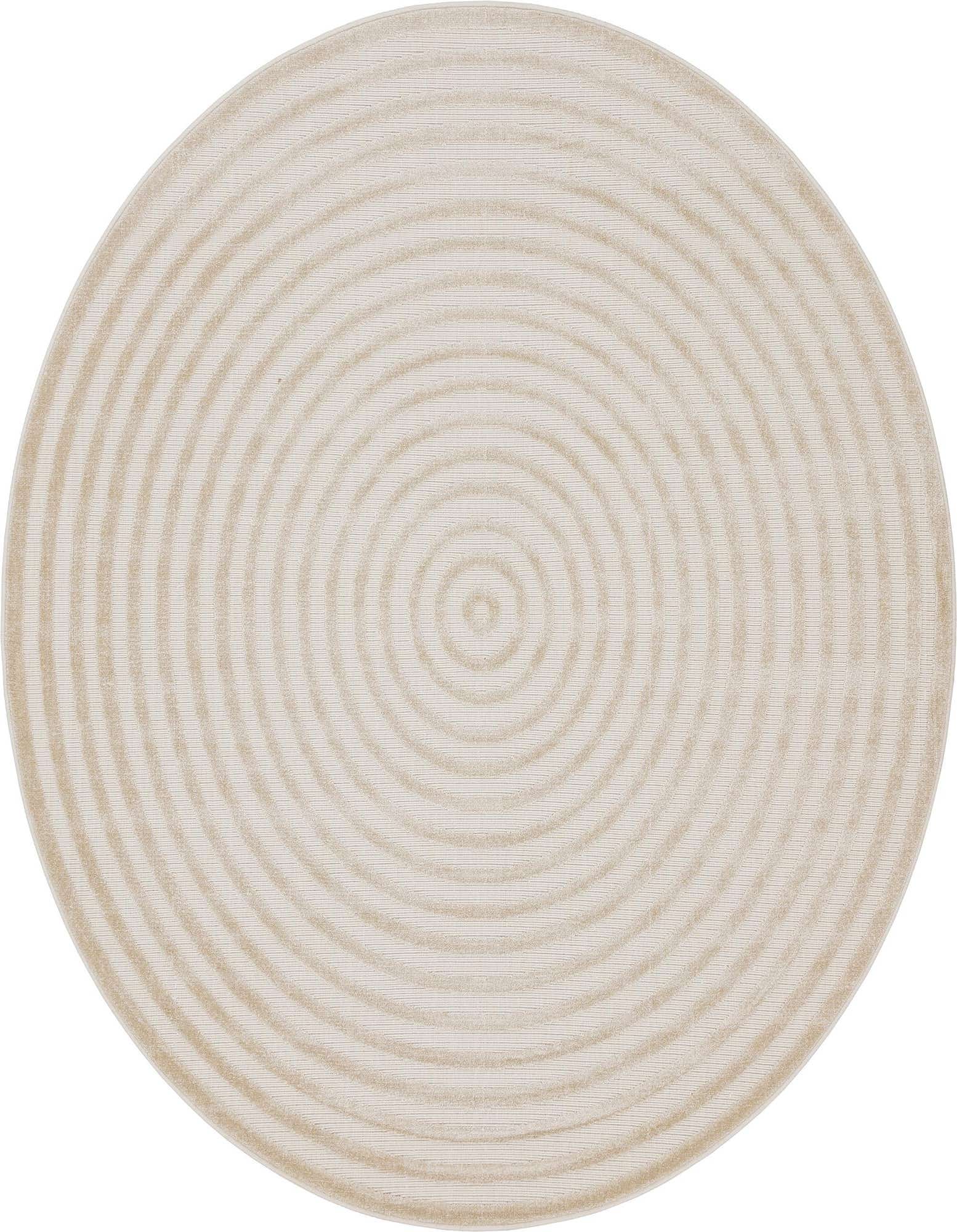 A 4' round Sabrina Soto Outdoor rug in browns and ivories, featuring concentric modern stripes, ideal for a patio.
