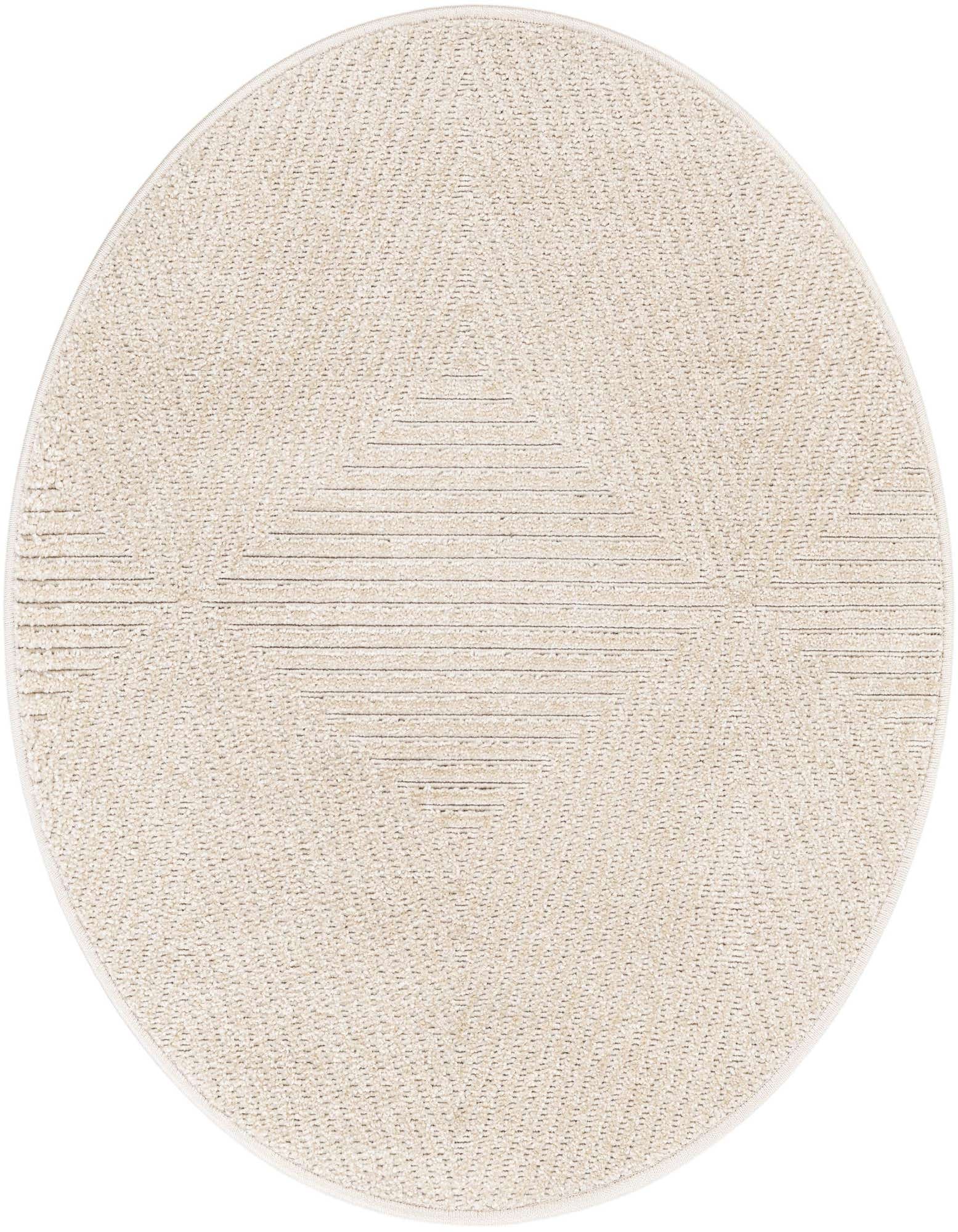 A 3' round light brown and cream modern rug with a subtle geometric pattern, suitable for indoor or outdoor use.