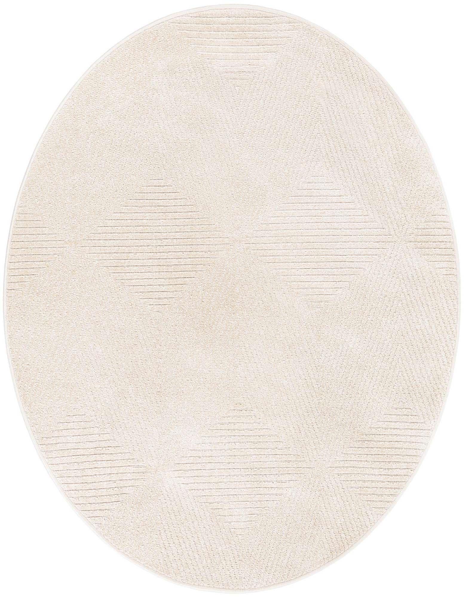 A 5' round modern outdoor rug in shades of brown and cream, featuring a subtle geometric pattern of textured lines and triangles.