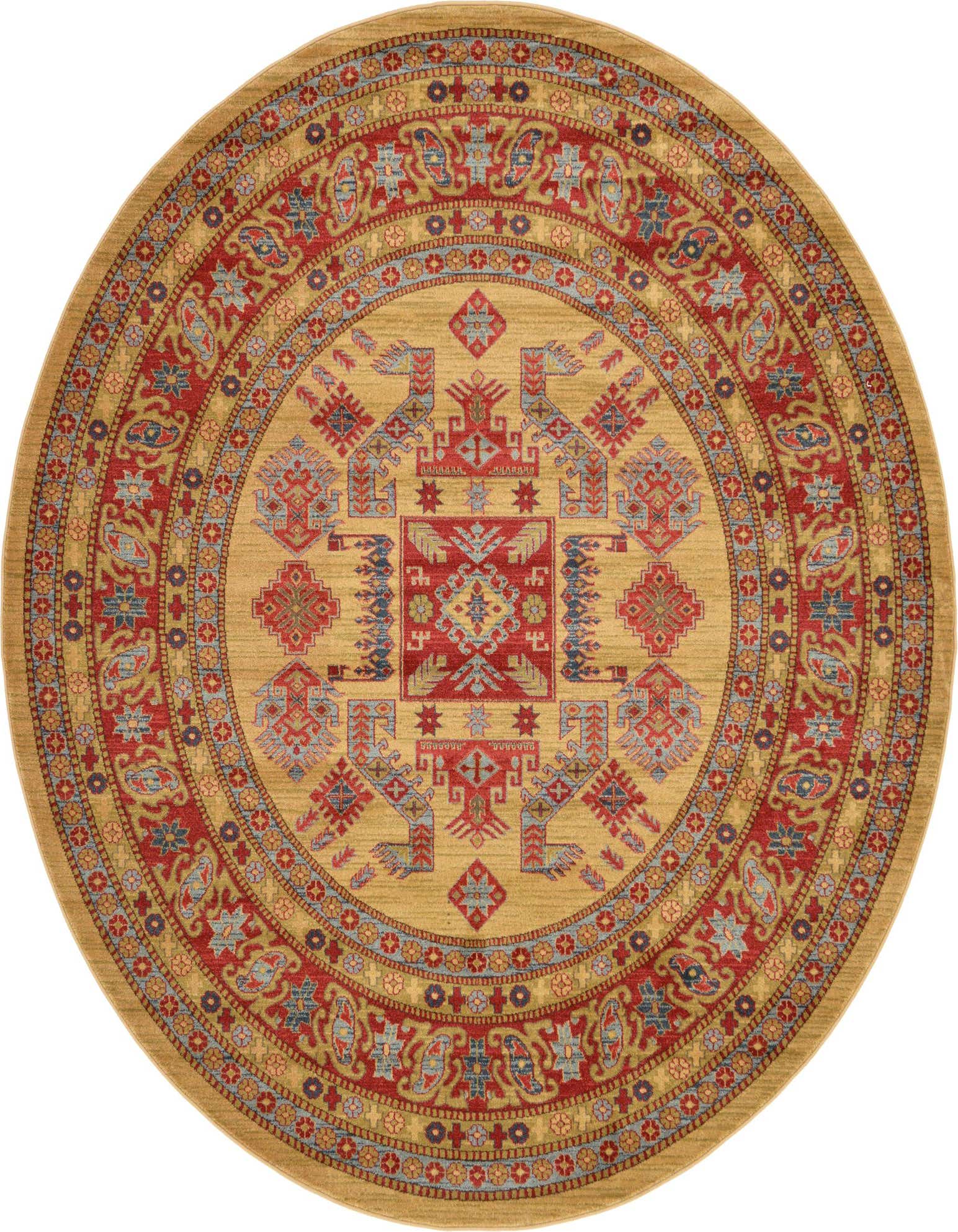 A round 8' 0 x 8' 0 Sara Collection rug with a traditional medallion pattern in brown, tan, red, and blue.