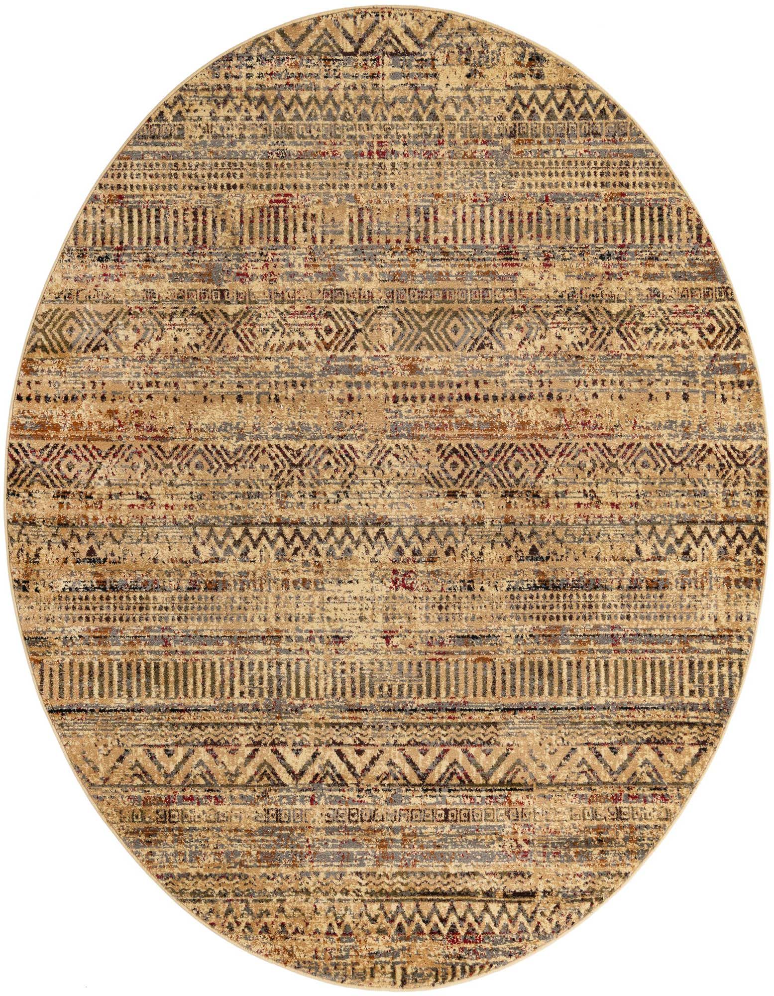 A 7' round indoor rug featuring a distressed tribal pattern in browns, tans, ivories, and subtle reds.