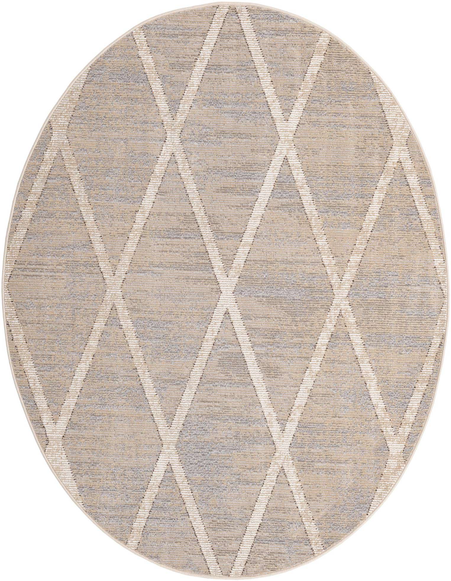 A 5' 3 round modern area rug with an abstract diamond pattern in shades of brown, tan, and cream.