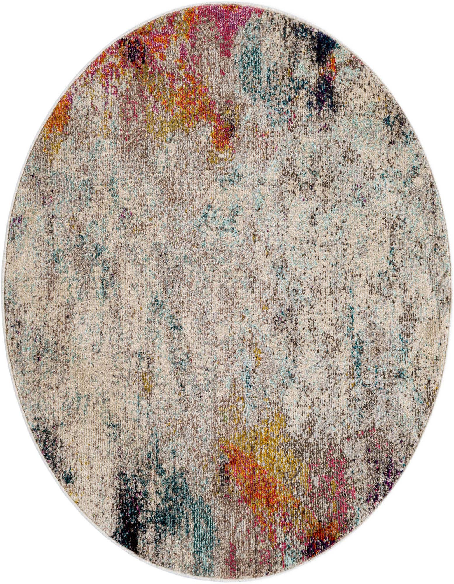 A 4' round modern abstract rug with a cream and tan base, featuring splashes of orange, pink, teal, and dark blue.