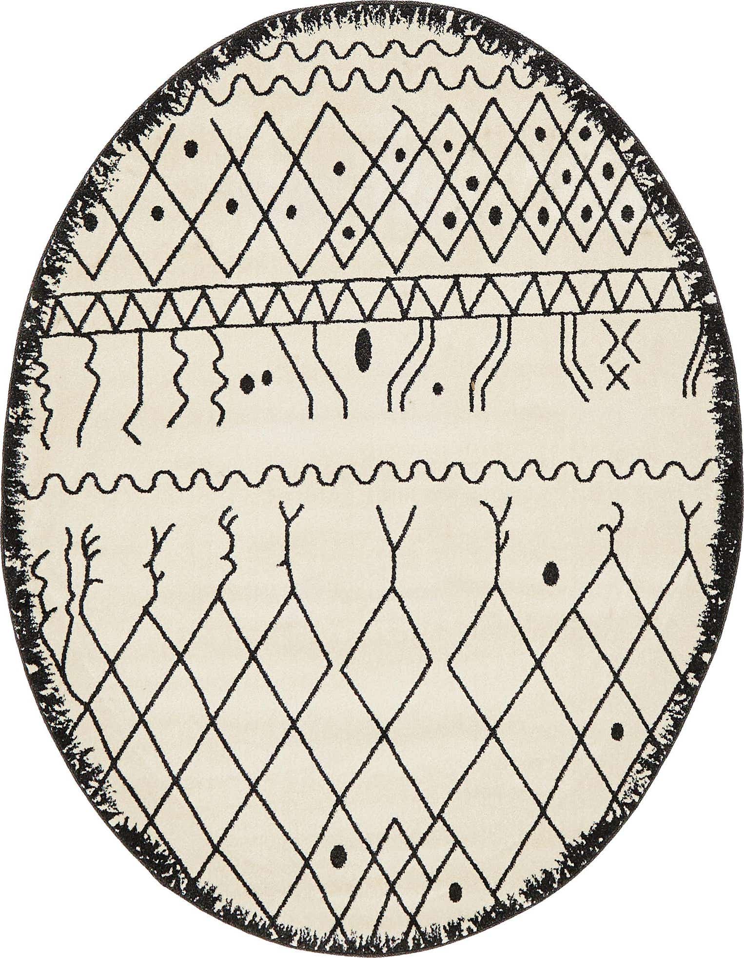 A 6' round cream and black bohemian rug with tribal patterns, including diamonds, waves, and abstract shapes.