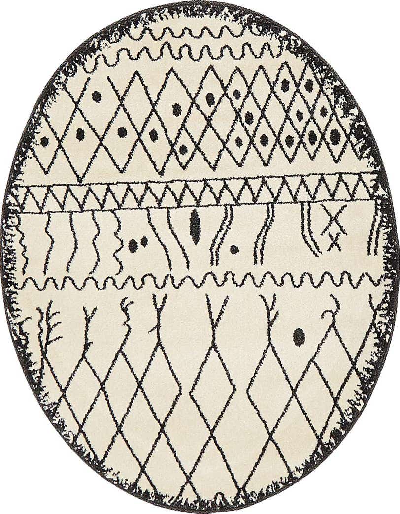 A 3' 3 x 3' 3 round cream and black bohemian rug with tribal patterns and a textured border.