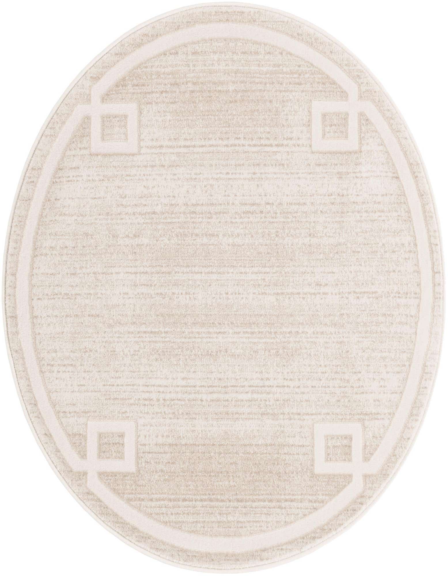 A 3' 3 x 3' 3 round brown and ivory rug with a contemporary geometric border pattern.