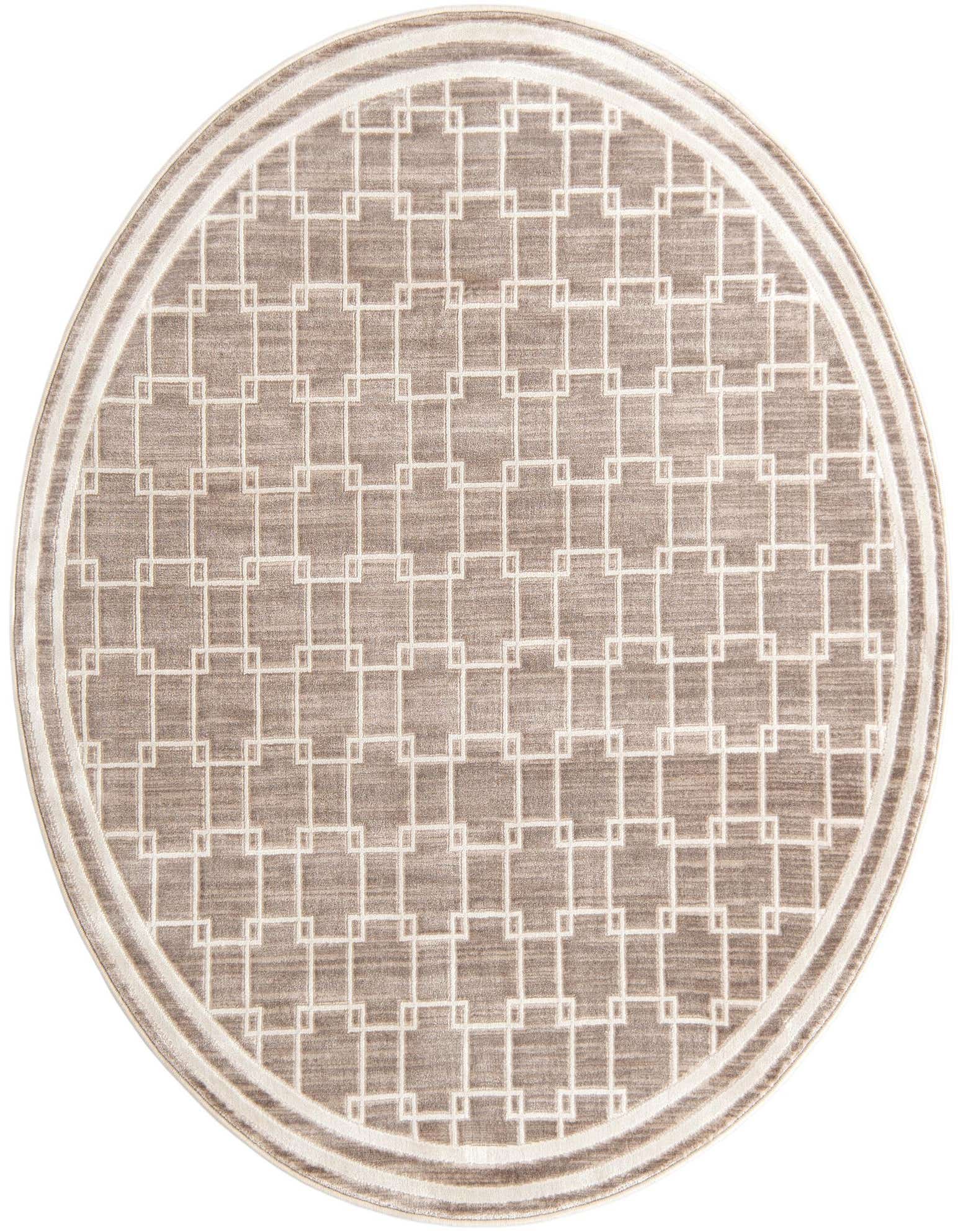 A 5' round modern rug in brown and ivory, featuring a geometric interlocking square pattern and a striped border.
