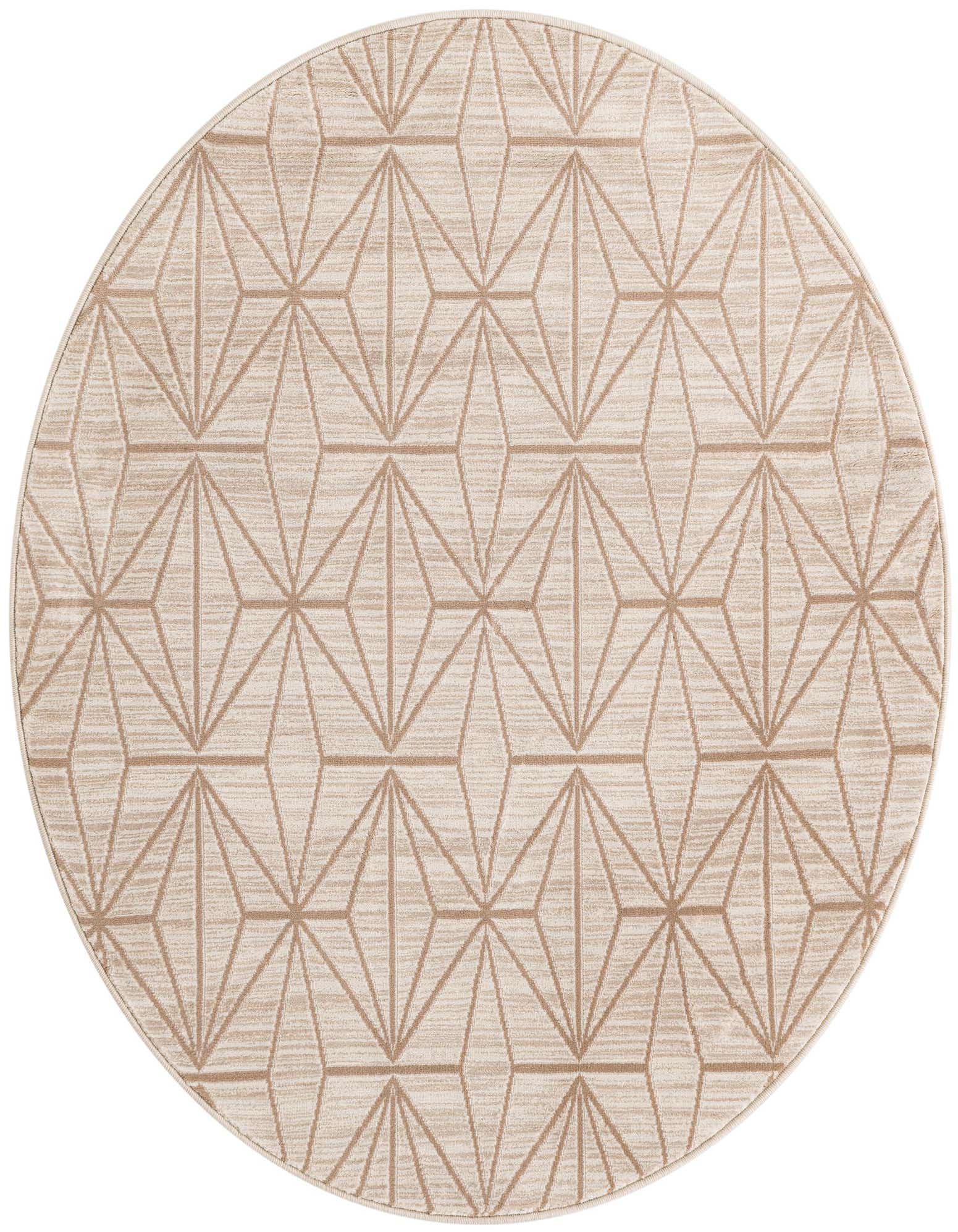 A 4' round modern rug featuring a geometric pattern in shades of brown and cream, ideal for a living room or patio.