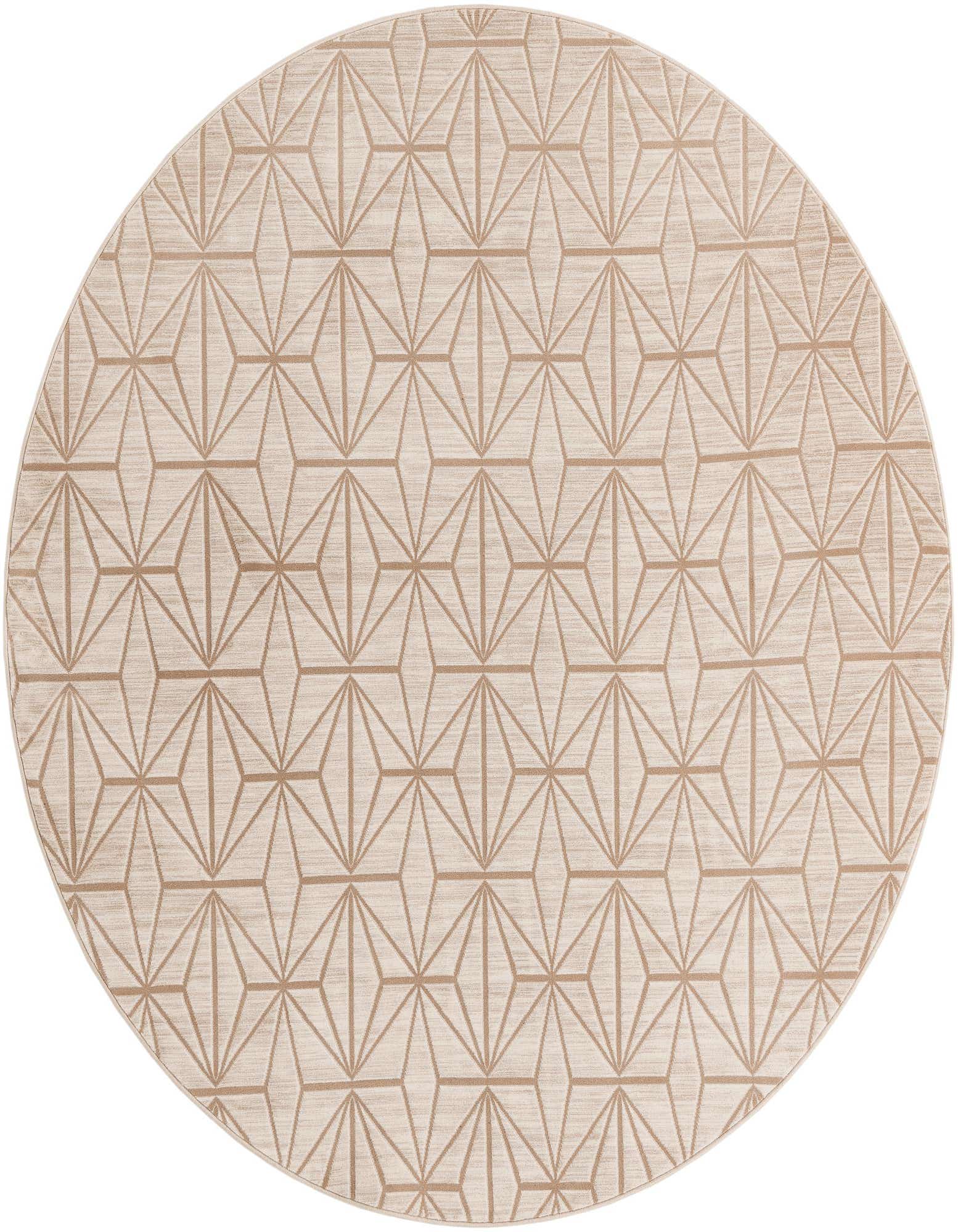 A round 7' 10 x 7' 10 brown and ivory modern rug with a geometric starburst pattern.