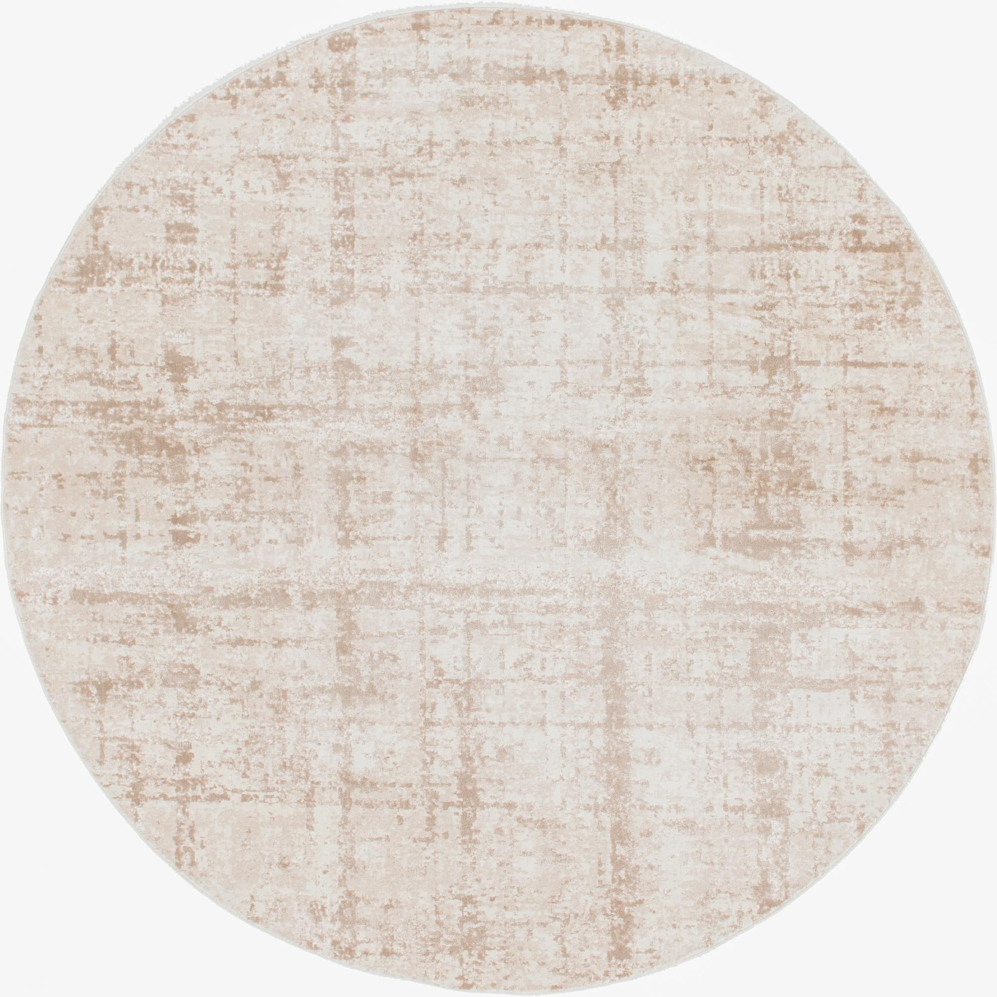 A round 8' 0 x 8' 0 area rug featuring a distressed modern stripe pattern in varying shades of brown, tan, and cream.