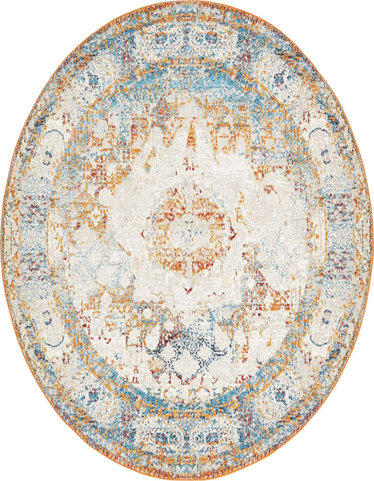 A round 8' 0 x 8' 0 Veneto rug featuring a distressed medallion pattern in ivories, creams, browns, and blues.