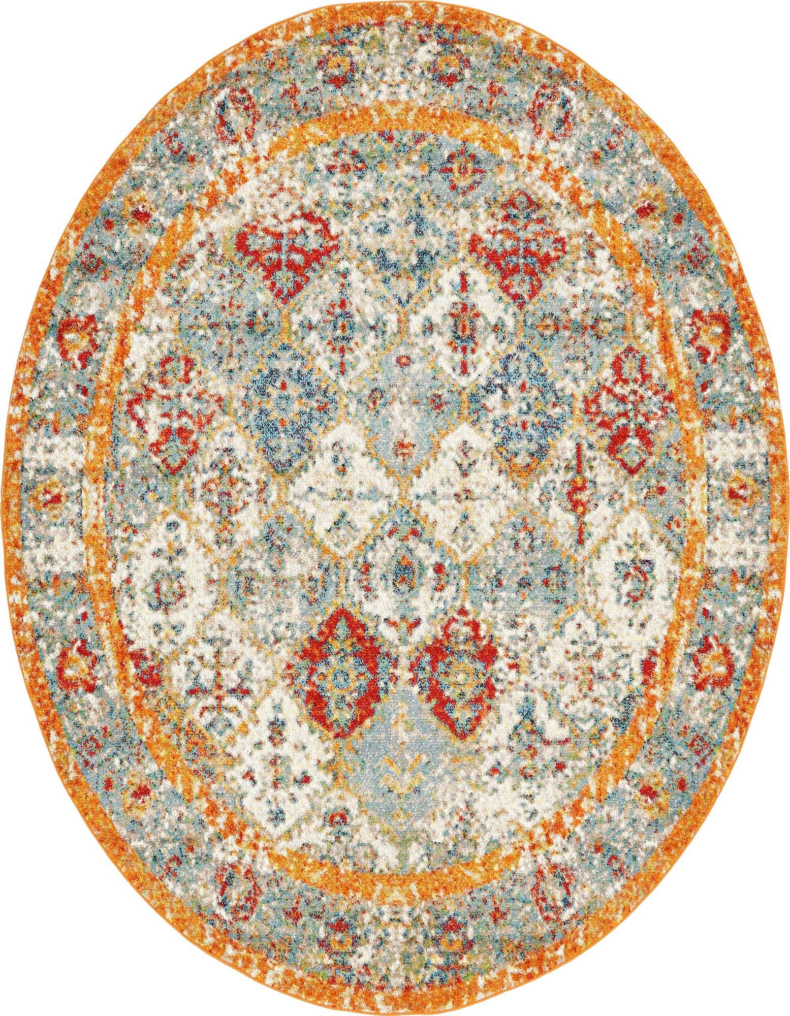 A round 8' 0 x 8' 0 Rugs.com Veneto rug featuring an eclectic traditional pattern in browns, tans, ivories, creams, and hints of blue and orange.