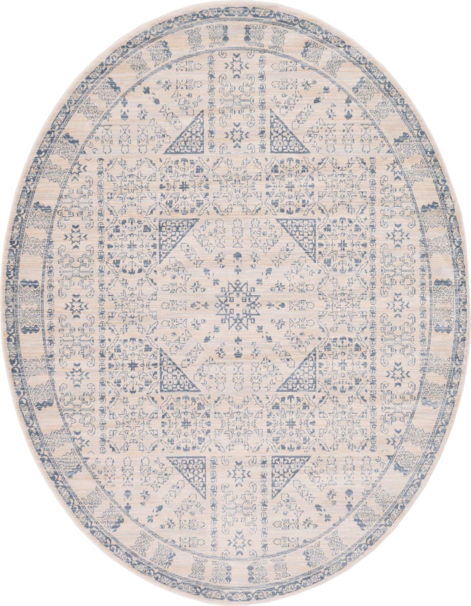 A round 6' 0 x 6' 0 Victoria Collection rug featuring a cream background with a faded blue medallion and traditional bohemian pattern.