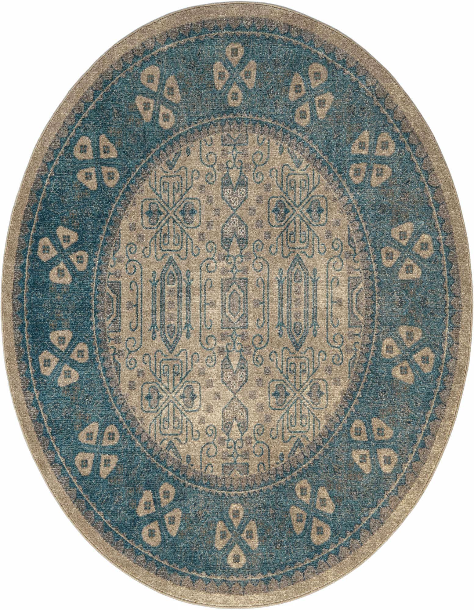 A 6' round brown and teal rug with a traditional medallion pattern and botanical border.