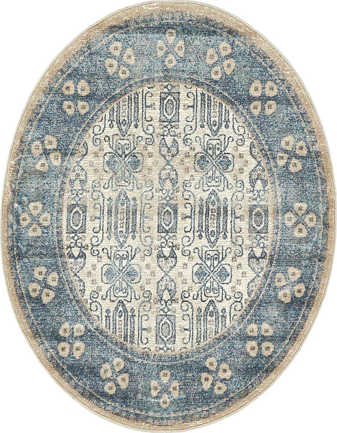 A 4' round traditional rug with a distressed blue border and a cream center featuring intricate brown and blue patterns.