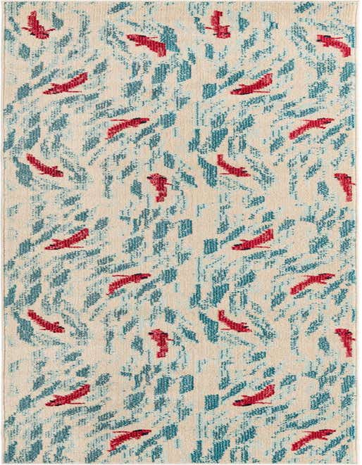 A 10 ft runner rug with a playful pattern of red fish swimming amidst abstract blue and cream water-like shapes, perfect for a hallway.