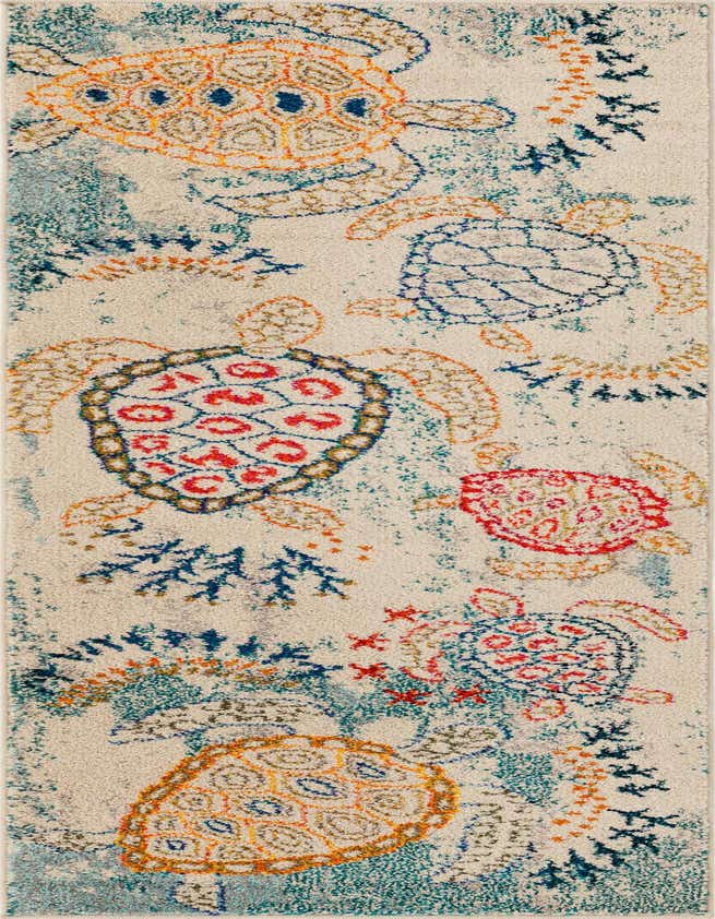 A cream runner rug with a vibrant, colorful pattern of sea turtles and coral in shades of orange, blue, red, and green, perfect for a hallway.
