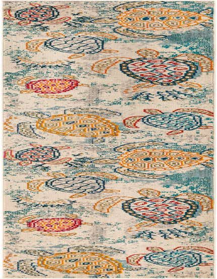 A 12 ft runner rug with a coastal, modern pattern featuring colorful sea turtles and coral on a cream and brown distressed background.