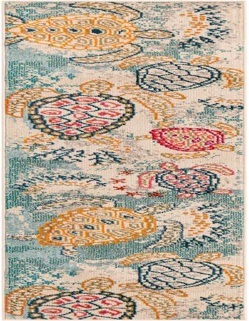 A long runner rug featuring a playful coastal design with colorful sea turtles and coral on a cream and teal background.