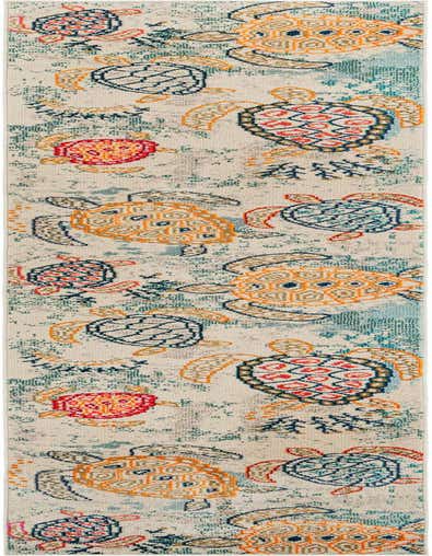 A 13 ft runner rug with a playful modern pattern of orange, blue, and red sea turtles on a cream and light blue distressed background.
