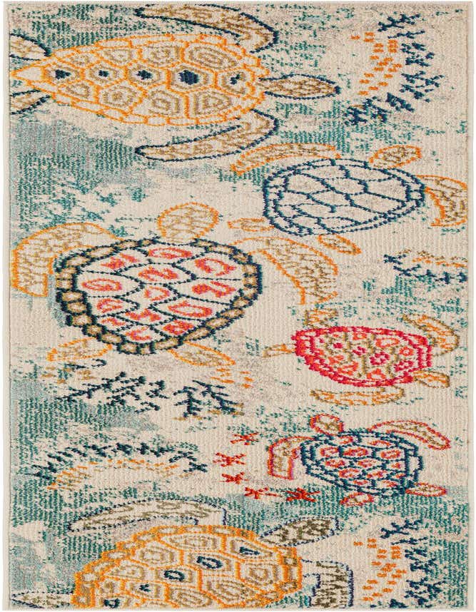 A 6 ft runner rug with a modern sea turtle pattern in shades of brown, tan, ivory, and cream, featuring teal accents.