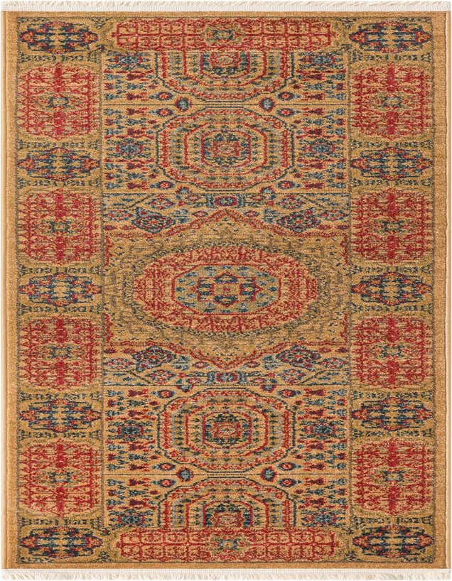 A 6 ft runner rug with a tan background and intricate red and blue traditional medallion patterns, ideal for a hallway or kitchen.