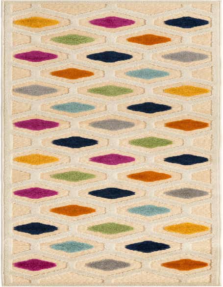 A 10 ft runner rug featuring a cream trellis pattern over a tan base, with colorful textured diamonds in fuchsia, navy, orange, green, yellow, grey, and light blue.