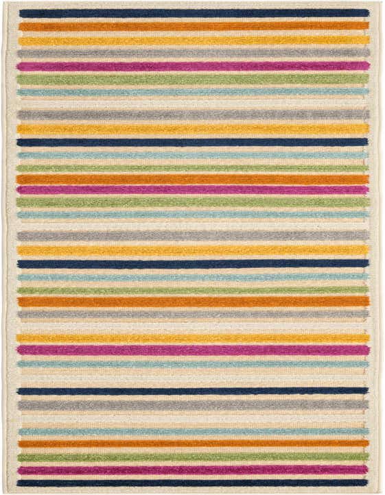 A vibrant 8 ft runner rug with horizontal stripes in various colors like blue, orange, yellow, gray, green, and magenta on a cream background.