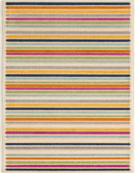 A 10 ft runner rug with a vibrant striped pattern in various colors, including brown, tan, ivory, blue, orange, yellow, green, and fuchsia.
