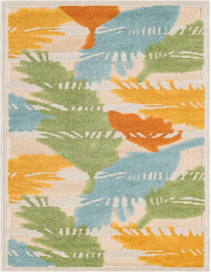 A 6 ft runner rug with a textured pile, featuring a modern tropical pattern in green, blue, orange, and yellow on a cream and tan striped background, ideal for a hallway or patio.