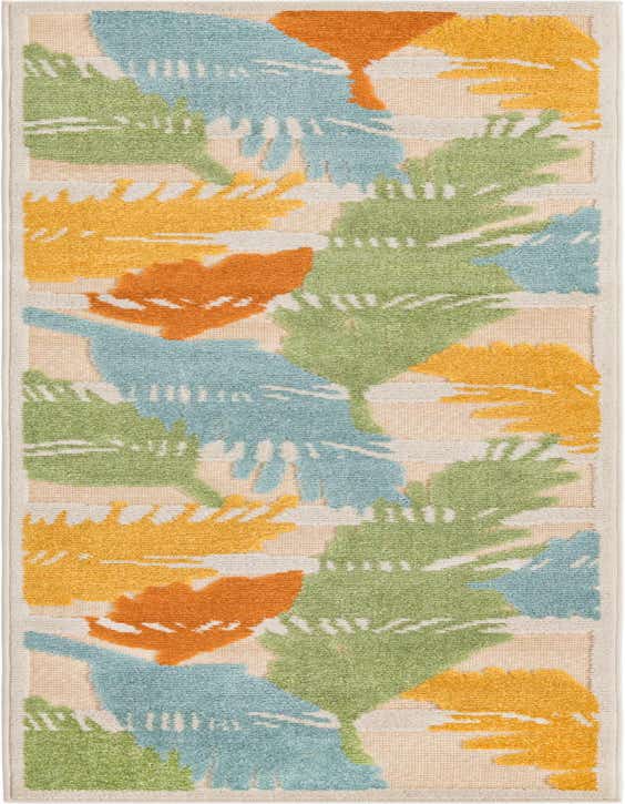 A long runner rug with a cream background and a modern tropical pattern of green, blue, orange, and yellow leaves.