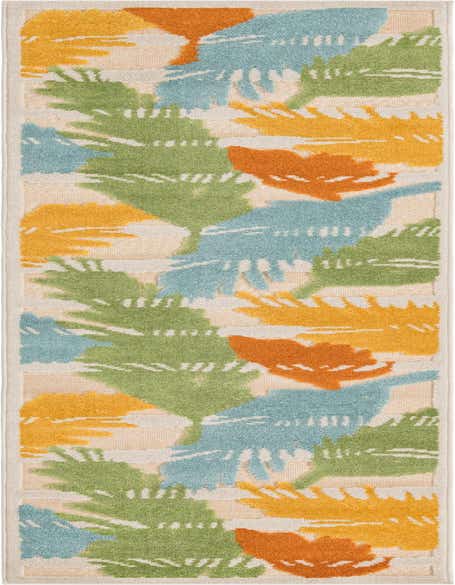 A 10 ft runner rug featuring a modern tropical pattern with abstract palm fronds in varying shades of green, blue, yellow, and orange on a textured cream and tan background.