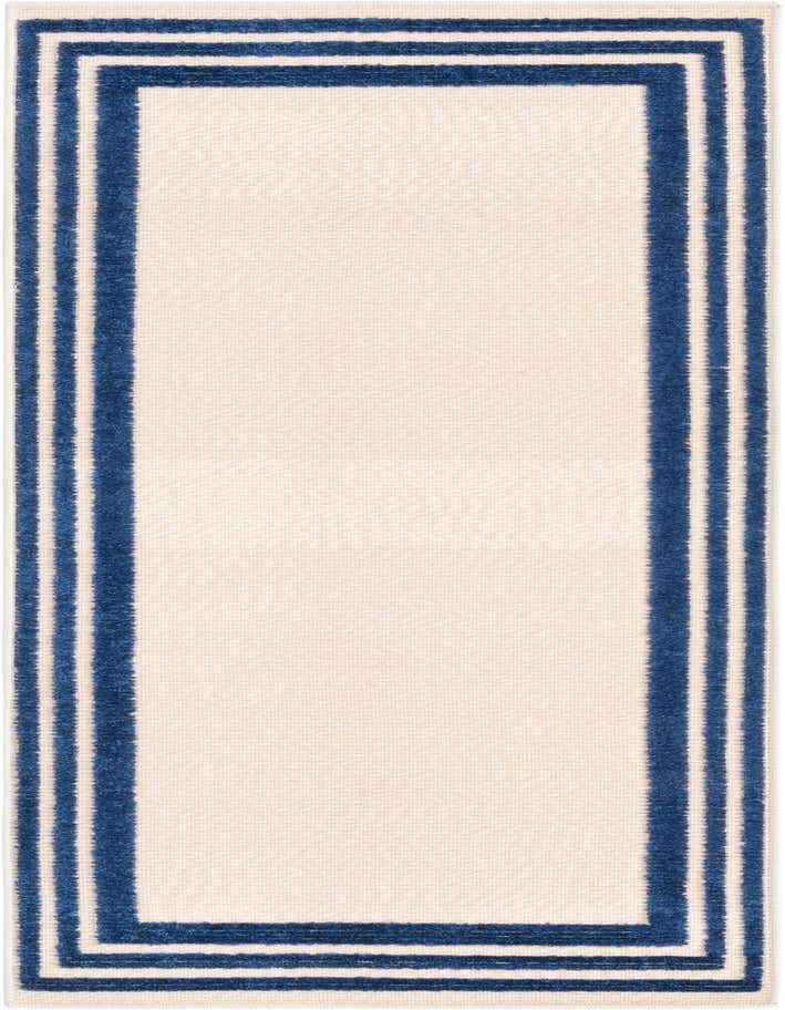 A 6 ft runner rug with a cream field and a triple navy blue border, suitable for a hallway or patio.